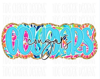 Preppy Cougars Faux Glitter Glow Font Png, Preppy Football Cougars Mascot Digital Download, Sports Mascot PNG