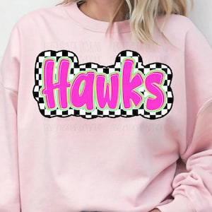 Checkered Hawks Glow Font Png, Neon Hawks Mascot Digital Download, Neon Preppy Sports Mascot PNG