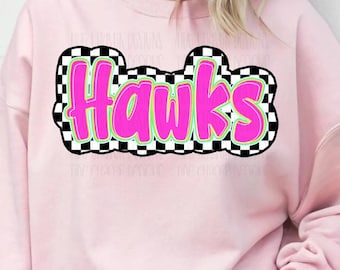 Checkered Hawks Glow Font Png, Neon Hawks Mascot Digital Download, Neon Preppy Sports Mascot PNG