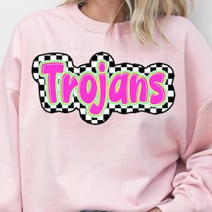 Checkered Trojans Glow Font Png, Neon Trojans Mascot Digital Download, Neon Preppy Sports Mascot PNG