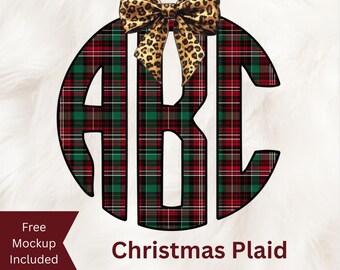 Christmas Plaid Monogram PNG Set, Preppy Plaid Monogram Bundle, Plaid Initials PNG, Christmas Monogram Bundle Set, Leopard Bow Monograms