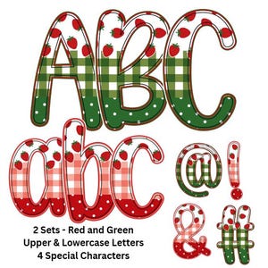 May include: A decorative alphabet set featuring red and green letters and symbols. The letters are decorated with strawberries, gingham, and polka dots. The image includes the text: "2 Sets - Red and Green Upper & Lowercase Letters 4 Special Characters."