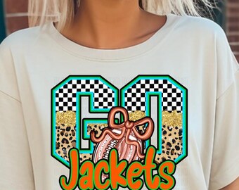 Jackets Football Checkered PNG, Go Jackets PNG, Leopard Print Football Digital Art, Coquette Jackets Football PNG, School Spirit png