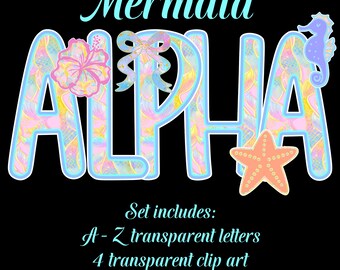 Mermaid Alpha Doodle Digital Set – Summer Alphabet PNG Download