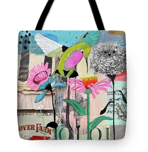 Tote Bag, Art Supply Bag, Laptop Carrier, Art Tote Bag, Mixed Media, Statement Art, Hummingbird Floral Tote, One of A Kind