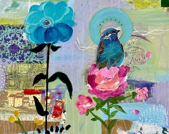 ORIGINAL Mixed Media Art Painting, "BEYOND The NOISE", Acrylic Painting, Blue Bird, BLues, Roses, Floral, Wall Art, One of A Kind