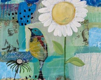 ORIGINAL Mixed Media Art PAINTING, "RESTORATION", Blues, Bird, Daisy, Calm, One of a Kind