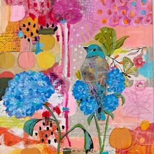 ORIGINAL Mixed Media Art PAINTING, Flowers, Blues, Pinks, Bird, "Stopping To NOTICE".