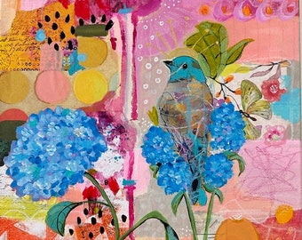 ORIGINAL Mixed Media Art PAINTING, Flowers, Blues, Pinks, Bird, "Stopping To NOTICE".