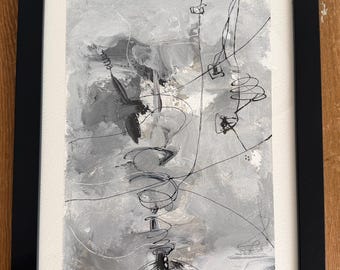 Original Abstract Mixed Media Painting. Watercolor Paper . 9x12 Framed Contemporary Wall Decor