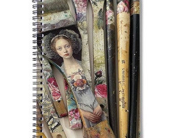 Mixed Media SPIRAL NOTEBOOK, Artist Designed, Blank Notebook with lines. From Artist Original Art, Vintage Brushes, One of a Kind