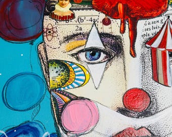 Original Acrylic and Collage painting on Wood Canvas, Coupon At Checkout!
