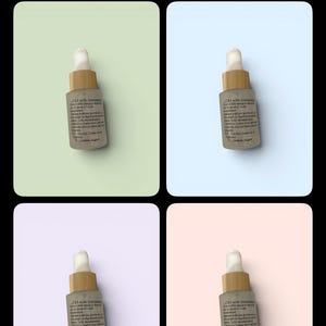 May include: A set of skincare serum bottles with a dropper, each on a different pastel background. The bottles are grey with a wooden cap and a white dropper. The labels contain text.