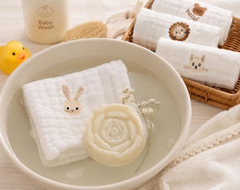 Set da bagno biologico per neonati: sapone all'olio d'oliva, panno in mussola, regalo per neonati.