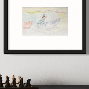 May include: A watercolour painting of a person in a boat on a body of water. The person is wearing a blue shirt and a hat. The boat is blue and there is a pink boat in the background.