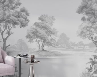 Vintage Landscape Wall Mural, Hand-Drawn Trees & Countryside Scene Wallpaper in Soft Grey Tones