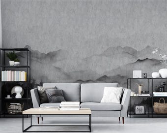 Misty Mountain Landscape Wallpaper, Black and Grey Foggy Forest Wall Art, Nature-Inspired Wall Mural