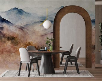 Mountain Mist Wallpaper, Watercolor Landscape in Earthy and Blue Tones, Serene Wall Mural, Peel & Stick/Non-woven