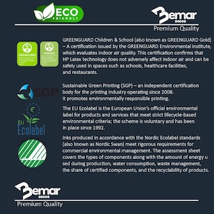 Puede incluir: Gr&aacute;fico verde oscuro con el texto "ECO FRIENDLY" y "Bemar DECOR Premium Quality". La imagen incluye logotipos de GREENGUARD, Ecolabel y Sustainable Green Printing, destacando las certificaciones ambientales.