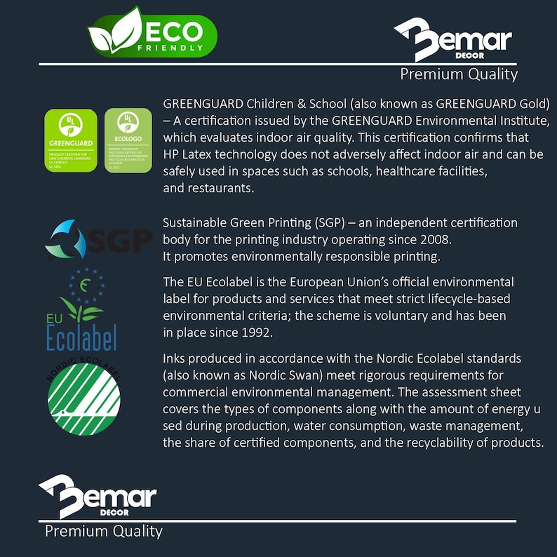 Puede incluir: Gr&aacute;fico verde oscuro con el texto "ECO FRIENDLY" y "Bemar DECOR Premium Quality". La imagen incluye logotipos de GREENGUARD, Ecolabel y Sustainable Green Printing, destacando las certificaciones ambientales.