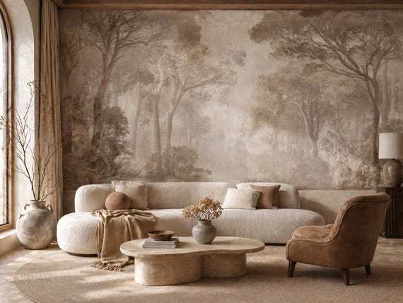 Misty Forest Wallpaper, Beige Woodland Wall Mural, Soft Forest Landscape Wallpaper, Smooth Non-Woven Wall Decor