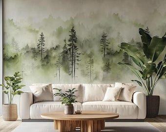 Misty Forest Wallpaper, Watercolor Woodland Landscape in Soft Green and Gray Tones, Tranquil Nature Wall Mural, Peel & Stick/Non-woven