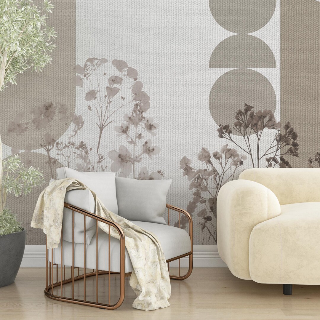 Beige Botanical Wallpaper, Minimalist Floral Wall Mural With Geometric