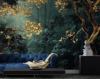 Wallpaper Golden Forest, dark green mural with shimmering golden trees, enchanted woodland wall art, peel & stick/non-woven