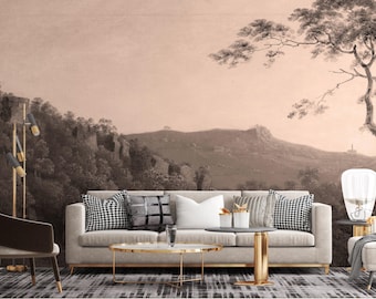 Sepia Mountain Landscape Wallpaper – Vintage Hills and Trees Wall Mural