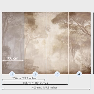 Puede incluir: Un mural de bosque en tonos sepia, de 280 cm de alto y hasta 400 cm de ancho, con &aacute;rboles y una atm&oacute;sfera brumosa. El mural est&aacute; dividido en cuatro paneles, cada uno de aproximadamente 100 cm de ancho. Medidas en cent&iacute;metros y pulgadas.