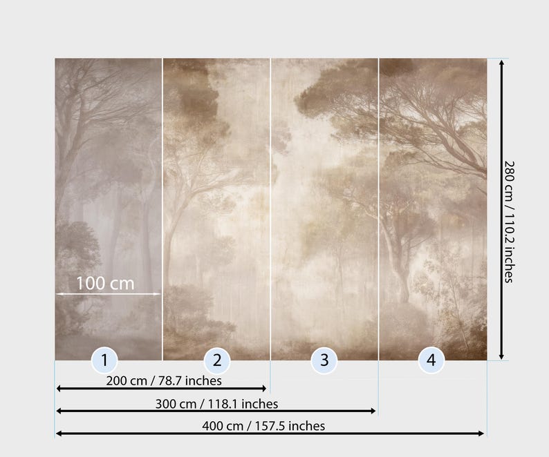 Puede incluir: Un mural de bosque en tonos sepia, de 280 cm de alto y hasta 400 cm de ancho, con &aacute;rboles y una atm&oacute;sfera brumosa. El mural est&aacute; dividido en cuatro paneles, cada uno de aproximadamente 100 cm de ancho. Medidas en cent&iacute;metros y pulgadas.