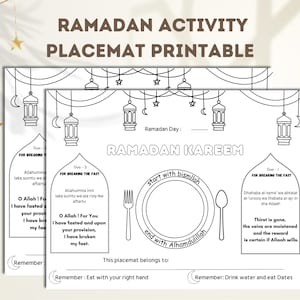 May include: A black and white printable Ramadan activity placemat with a plate, fork, and spoon. The placemat features a crescent moon and star design, along with the text "Ramadan Kareem".