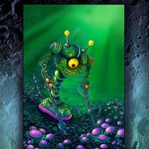 May include: A vibrant digital art print featuring a green robot with a large yellow eye and multiple arms. The robot stands on a pink and green surface with purple flower-like shapes. The text "Klurpixx" and "One small stepladder for Moonkind" are also visible.