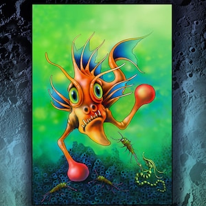 May include: A vibrant illustration featuring an orange, cartoonish creature with blue fins and large eyes. The artwork includes the text "Fishticuffs" and a circular logo with the words "Moon Aliens". The phrase "One small stepladder for Moonkind" is also present.