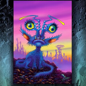 May include: A vibrant, surreal painting of a blue, furry creature with large yellow eyes and a grumpy expression. The artwork, titled "Gimbagorkel," features a colorful alien landscape and the phrase "One small stepladder for Moonkind."