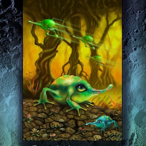 May include: An illustrated fantasy scene featuring green and blue creatures with long snouts, set against a backdrop of a forest with a yellow and orange sky. The image includes the text "Pongachool" and "One small stepladder for Moonkind".