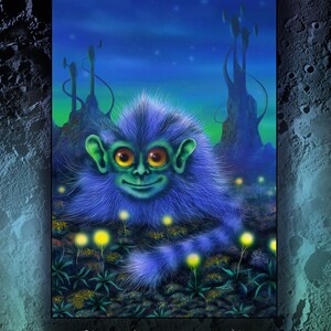 May include: A whimsical illustration of a blue, furry creature with large eyes and a friendly smile, set against a fantastical landscape. The image includes the text "Chuppelz" and a circular logo with the words "Moon Aliens". The phrase "One small stepladder for Moonkind" is also present.