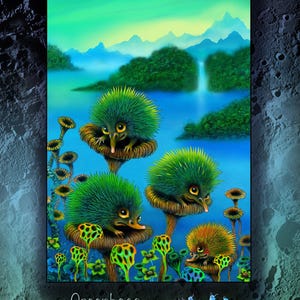 May include: A vibrant fantasy illustration featuring Greenhogs, creatures with green, spiky bodies and yellow eyes, perched on mushroom-like structures. The background shows a waterfall and mountains. The image includes the text "Greenhogs" and "Moon Aliens".
