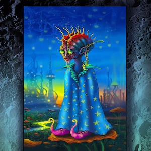May include: A vibrant, surreal painting of an alien figure in a blue robe adorned with stars and moons. The alien has green eyes, a red and blue head, and is standing on a pink, swan-like structure. The artwork is titled "Tibbish Blorki" and features the "Moon Aliens" logo.
