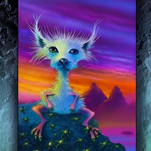 May include: A colorful digital art print featuring a whimsical creature with blue and yellow fur, perched on a rocky surface with green plants. The artwork includes the text "Gwimmutt" and a logo that says "Moon Aliens". The background has a sunset color scheme.