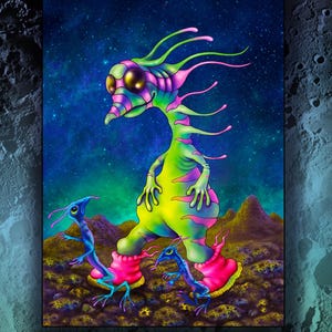 May include: A vibrant illustration of an alien creature with a green and yellow body, pink accents, and pink boots, set against a starry blue and green background. The image includes the text "Gluffoe" and a logo for "Moon Aliens".
