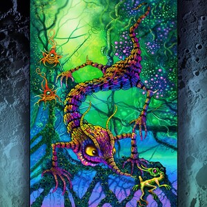 May include: A vibrant, psychedelic artwork featuring a colorful, fantastical creature with multiple limbs and a long, segmented body. The creature is set against a backdrop of swirling green and blue foliage. The text "Slivvaslow" and "Moon Aliens" are also visible.