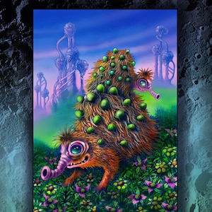 May include: A vibrant illustration featuring a whimsical alien creature with a furry, brown body and large green eyes. The creature is surrounded by colorful flowers and a surreal landscape. The image includes the text "Vebbanelch" and "Moon Aliens".