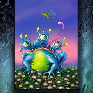 May include: A vibrant illustration of a blue and green creature with three eyes and a long pink tongue, labeled "Trozzeltoad." The artwork features a grasshopper and the text "Moon Aliens" with a small ladder. The background transitions from pink to blue.