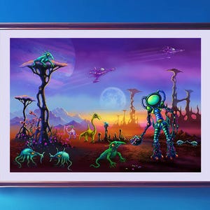 May include: Framed artwork depicting an alien landscape with vibrant colors. The scene features otherworldly creatures, tall, tree-like structures, and a purple sky with multiple moons. The artwork is displayed on a blue wall.
