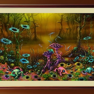 May include: A framed fantasy art print depicting a surreal forest scene. The artwork features vibrant colors, with blue, purple, and pink flora and fauna. The forest has tall trees and a hazy, golden background.