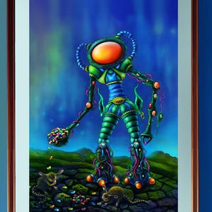May include: A framed fantasy art print featuring a tall, green and blue alien-like figure with an orange head, holding a basket of colorful objects. Two small rodent-like creatures are on the green landscape. The background is a blue and green gradient.