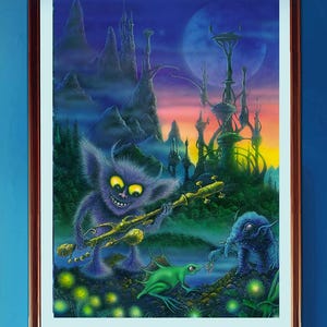 May include: Framed fantasy art print featuring a purple creature playing a musical instrument in a surreal landscape. The artwork includes other creatures, a green frog, and a futuristic city under a colorful sky. The print is displayed on a blue wall.