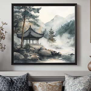 Watercolor Painting Nature Art, Pagoda Asian Art, Japanese Art Chinese Zen Wall Art, Living Room Digital Download Print, Tranquil Home Decor