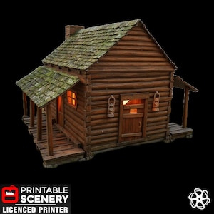Peut inclure: Une cabane en rondins miniature avec un toit vert patiné et un petit porche. La cabane est faite de rondins bruns et dégage une lueur chaleureuse et accueillante des fenêtres et de la porte. Deux lanternes sont suspendues à l'extérieur.
